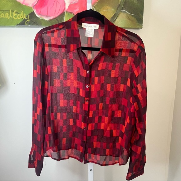 Jones Of New York Red Plaid Checkered Silk Blouse Size 14 - Picture 6 of 12
